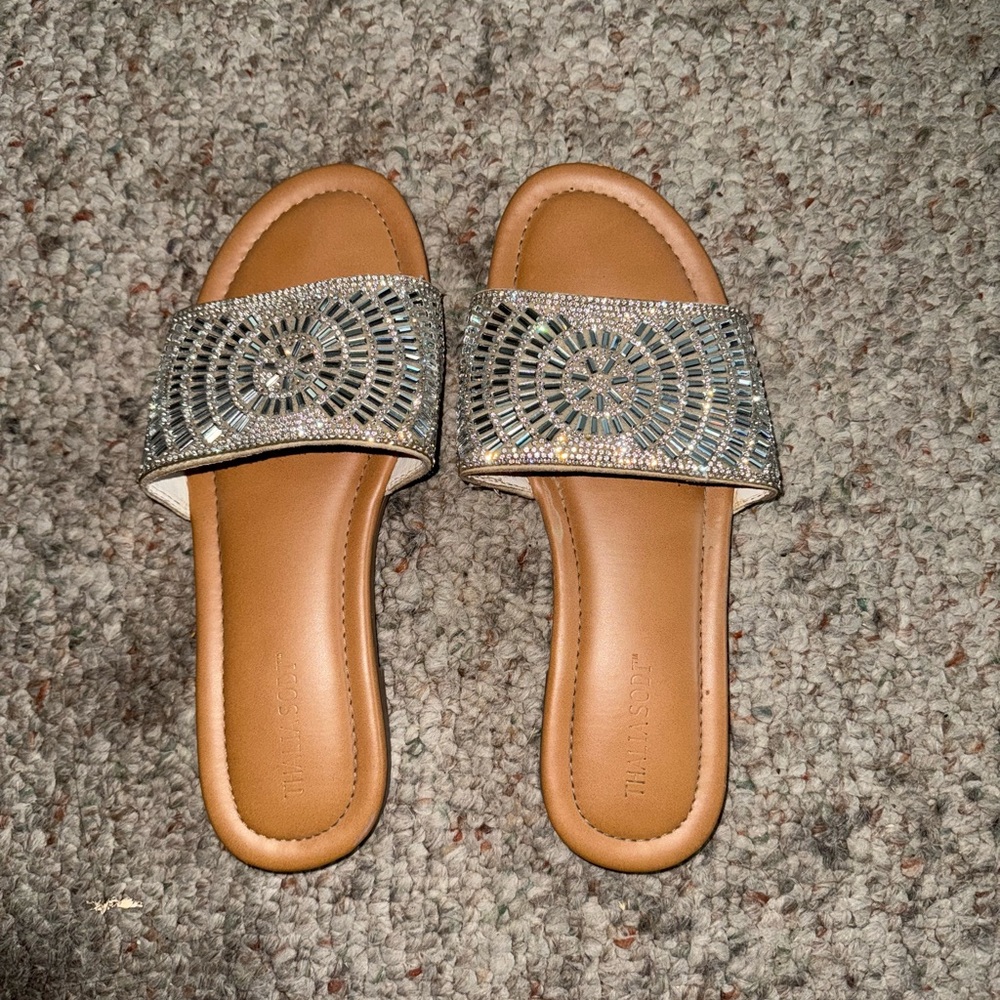 Thalia Sodi Silver Tan Sandals with Woven Design